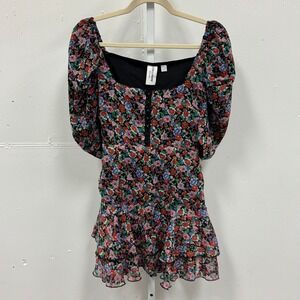 Collusion Floral Puff Sleeve Mini Dress Square Neck Ruffle Hem Multi-Color US 4‎